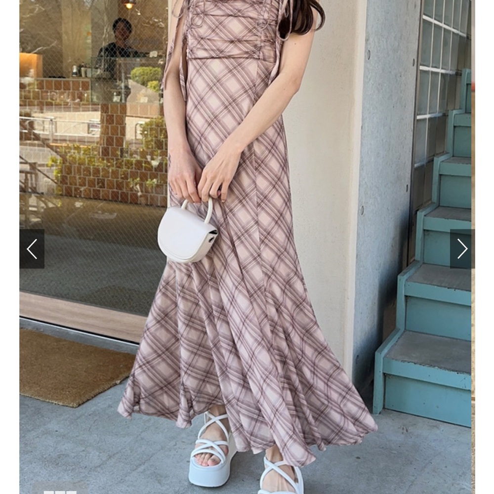 Cute Checkered Gathered Ribbon Camisole Dress